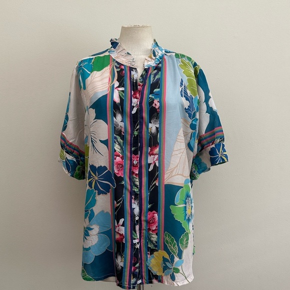 JOHNNY WAS Jenn Jolene RUFFLE TRIM Floral Button-Up Blouse SZ XL - Picture 5 of 6